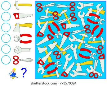 Exercise for young children. Need to count the tools and write corresponding numbers in circles. Developing skills for counting. Vector image.