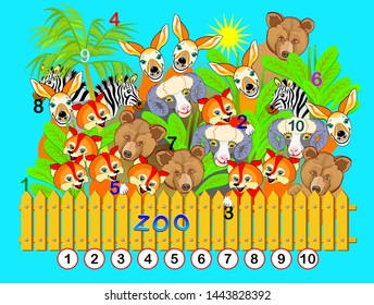 Exercise for young children. Need to find the numbers from 1 till 10 hidden in the picture between animals. Logic puzzle game. Developing skills for counting. Printable worksheet for kids book.