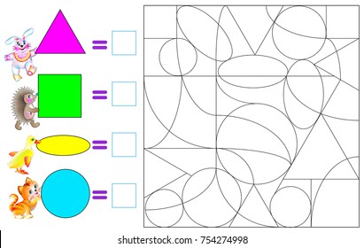 Ejercicio para niños pequeños. Es necesario pintar las figuras geométricas en los colores correspondientes, contar la cantidad y escribir los números. Imagen vectorial.