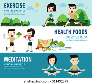 exercise.healthy foods. meditating.
banner header.
healthcare concept.
elements  infographic.
vector flat modern icons design illustration.
isolated on white and blue background.