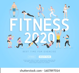 Exercises 2020 Conceptual Design. Set Of Young People Doing Workout. Sport Fitness Banner Promotion Vector Illustrations.