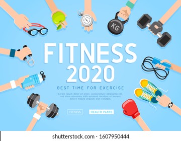 Exercises 2020 conceptual design. Set of young people doing workout. Sport fitness banner promotion vector Illustrations.