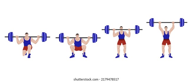 Exercises with a barbell. A set of vector illustrations of the process of lifting the barbell. A man lifts a barbell. Flat illustrations isolated on a white background.