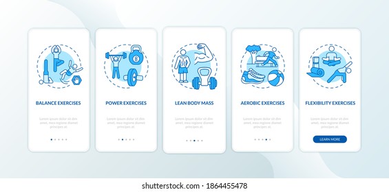 Exercises blue onboarding mobile app page screen with concepts. Aerobics workout. Physical health walkthrough 5 steps graphic instructions. UI vector template with RGB color illustrations