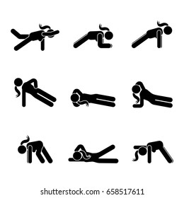 Exercises body workout stretching woman stick figure. Healthy life style vector illustration pictogram