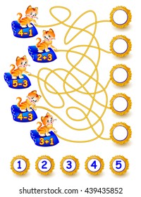 Exercises for children with funny kittens - need to solve examples and to write the numbers in relevant circles. Developing skills for counting. Vector image.