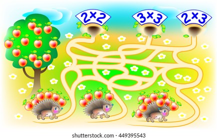 Exercises for children with multiplication - need to solve examples, find the home for each hedgehog and draw the lines on relevant track. Developing skills for counting. Vector image.