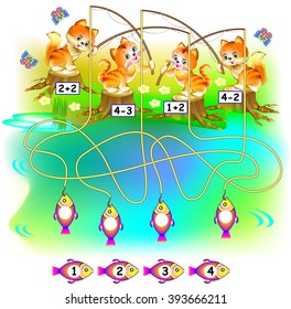 Exercises for children a - need to find the fish for each kitten and to write the numbers in relevant circles. Developing skills for counting. Vector image.