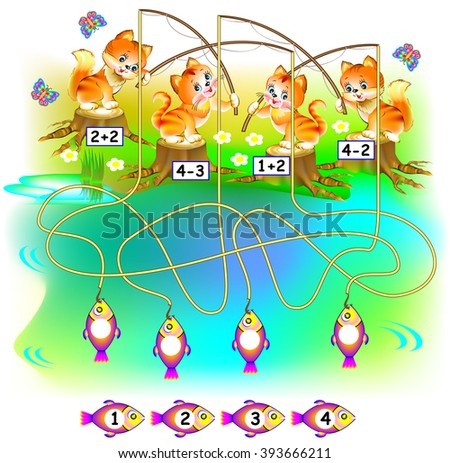 Exercises for children a - need to find the fish for each kitten and to write the numbers in relevant circles. Developing skills for counting. Vector image.