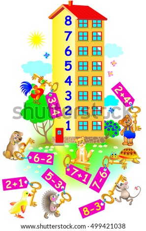 Exercises for children - need to help animals to find their floor in the house. Developing skills for counting. Vector image.