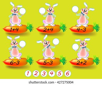 Exercises for children - need to solve examples and to write the numbers in relevant circles. Developing skills for counting. Vector image.