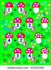 Exercises for children - need to solve examples and to write the numbers on relevant mushrooms. Developing skills for counting. Vector image.