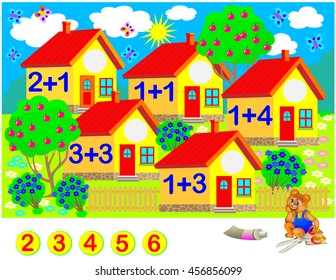 Exercises for children - need to solve examples, cut the circles and glue the house numbers in relevant places. Vector cartoon image.