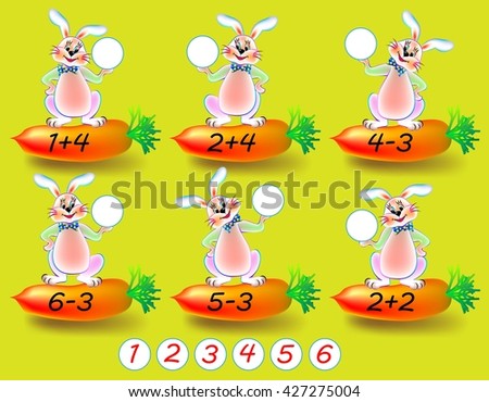 Exercises for children - need to solve examples and to write the numbers in relevant circles. Developing skills for counting. Vector image.