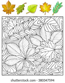 Exercises for children - needs to find and to paint the leaves. Developing skills for drawing and coloring. Vector image.
