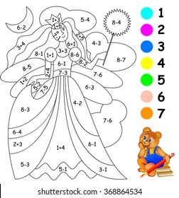 Exercises for children - needs to paint image in relevant color. Developing skills for counting and coloring. Vector image.