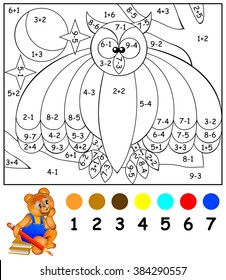 Exercises for children - needs to paint image in relevant color. Developing skills for counting and coloring. Vector image.