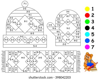 Exercises for children - needs to paint image in relevant color. Developing skills for counting. Vector image.