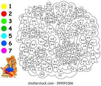 Exercises for children - needs to paint image in relevant color. Developing skills for counting and coloring. Vector image.