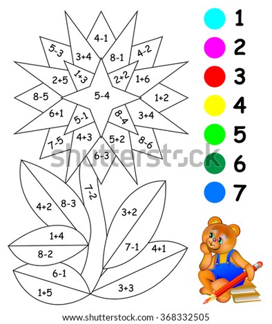 Exercises for children - needs to paint image in relevant color. Developing skills for counting. Vector image.