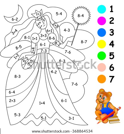 Exercises for children - needs to paint image in relevant color. Developing skills for counting and coloring. Vector image.