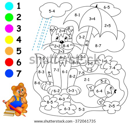 Exercises for children - needs to paint image in relevant color. Developing skills for counting and coloring. Vector image.