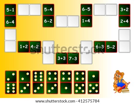 Exercises for children - needs to solve examples and draw the remaining dominoes at the correct places to close the circuit. Developing skills for counting. Vector image.