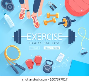Exercises conceptual design. Young people doing workout. Sport Fitness banner promotion vector Illustrations. - Shutterstock ID 1607897017