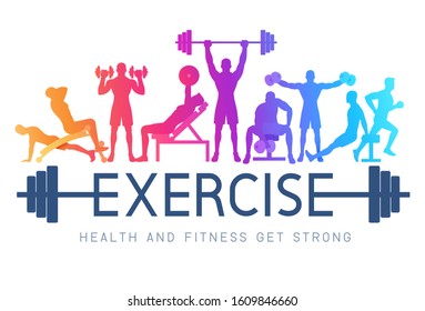 Exercises conceptual design. Young people doing silhouette workout. Sport Fitness banner promotion vector Illustrations.