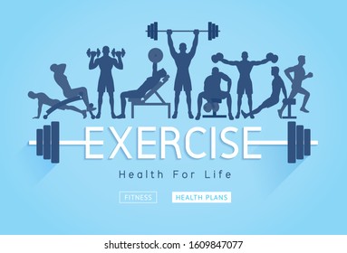 Exercises conceptual design. Young people doing silhouette workout. Sport Fitness banner promotion vector Illustrations.