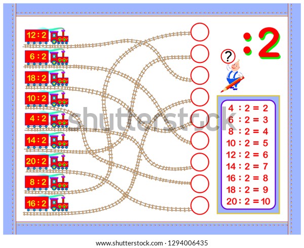 Exercises with division by 2. Write the numbers in\
correct circles. Educational page for mathematics baby book.\
Printable worksheet for children textbook. Back to school. Vector\
cartoon image.