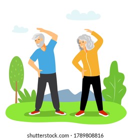 Exercises for the elderly An elderly woman and an elderly man doing fitness in the fresh air They lead a healthy and active lifestyle Vector illustration in flat style concept