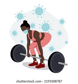 Exercises with a face mask. Woman training with barbell in gym wearing medical mask to protect against covid-19 virus. Sport during coronavirus pandemic concept.