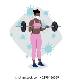 Exercises with a face mask. Woman training with barbell in gym wearing medical mask to protect against virus. Sport during coronavirus pandemic concept.