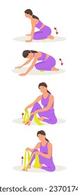 Exercises for feet. A woman performs exercises on a mat with a needle ball for myofascial release of her legs and feet. The ball is used to relax trigger points. Exercises with elastic bands for feet.