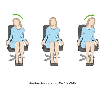 Exercises for the head and neck in the office at the workplace. vector illustration.