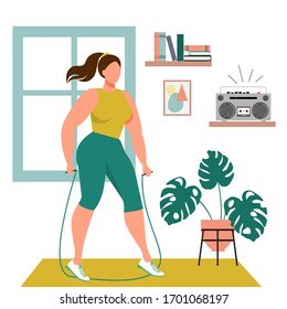 Exercises at home, quarantine sports. Healthy lifestyle in quarantine. Illustration of a woman who goes in for sports. Illustration in nineties style.