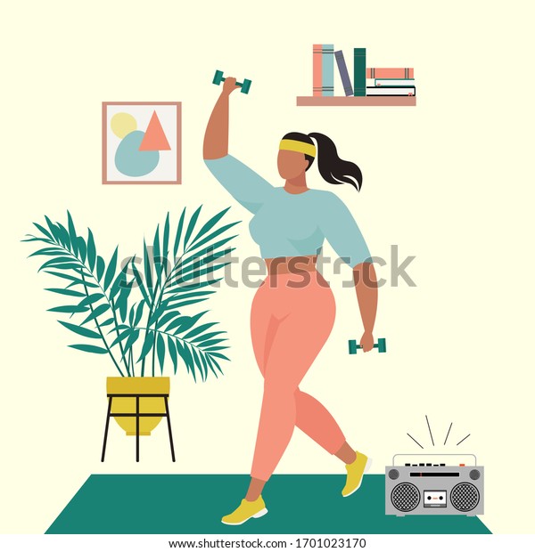 Exercises at home, quarantine sports. Healthy lifestyle in quarantine. Illustration of a woman who goes in for sports. Illustration in nineties style.