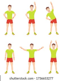 Exercises at home. Young handsome guy makes stands in various poses. Warm up for the shoulder girdle. Vector illustration for web sites, prints and mobile applications.