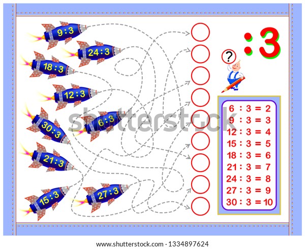 Exercises for kids with division by 3. Write\
numbers in correct circles. Educational page for mathematics baby\
book. Printable worksheet for children textbook. Back to school.\
Vector cartoon\
image.