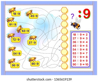 Exercises for kids with division by number 9. Write numbers in correct circles. Educational page for mathematics baby book. Printable worksheet for children textbook. Back to school. 