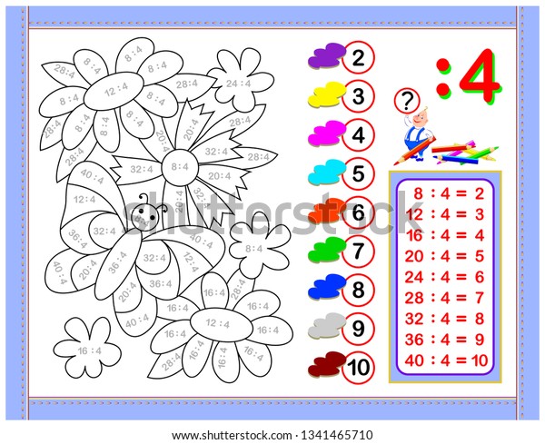 Exercises\
for kids with division by number 4. Paint the picture. Educational\
page for mathematics baby book. Printable worksheet for children\
textbook. Back to school. Vector cartoon\
image.