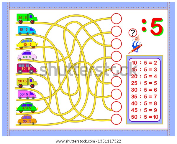 Exercises\
for kids with division by number 5. Paint the picture. Educational\
page for mathematics baby book. Printable worksheet for children\
textbook. Back to school. Vector cartoon\
image.