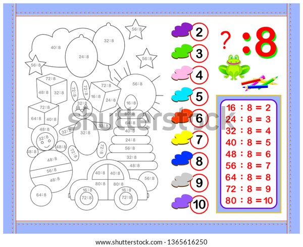 Exercises\
for kids with division by number 8. Paint the picture. Educational\
page for mathematics baby book. Printable worksheet for children\
textbook. Back to school. Vector cartoon\
image.