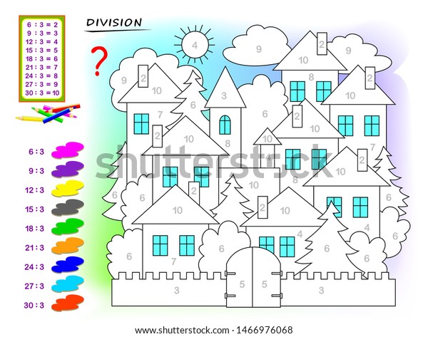 Exercises\
for kids with division by number 3. Paint the picture. Educational\
page for mathematics baby book. Printable worksheet for children\
textbook. Back to school. Vector cartoon\
image.