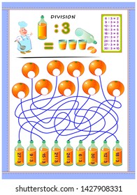 Exercises for kids with division table by number 3. Solve examples and write answers on oranges. Educational page for mathematics baby book. Printable worksheet for children textbook. Back to school.