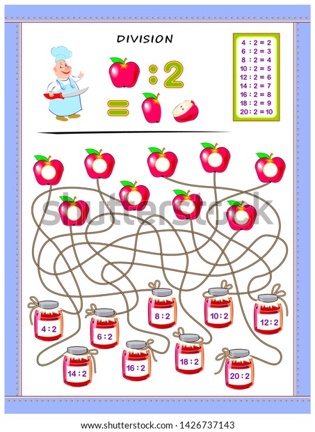 Exercises for kids with division table by number\
2. Solve examples and write answers on apples. Educational page for\
mathematics baby book. Printable worksheet for children textbook.\
Back to school.