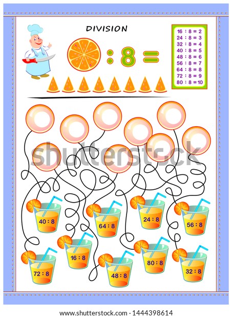 Exercises for kids with division table by number\
8. Solve examples and write answers on bubbles. Educational page\
for mathematics baby book. Printable worksheet for children\
textbook. Back to\
school.