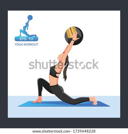 Exercises with mat and ball yoga. Yoga training. Vector Illustration.