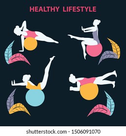 Exercises on a bouncy ball - silhouettes of girls - vector. Healthy lifestyle. Pilates. Fitness. Yoga. Aerobics.